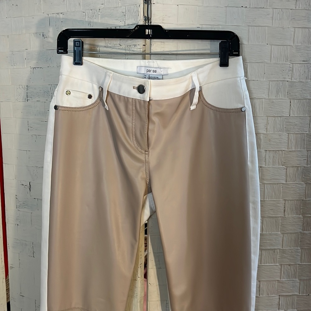 Brand new super soft skinny pants with vegan leather fronts in cream and tan
